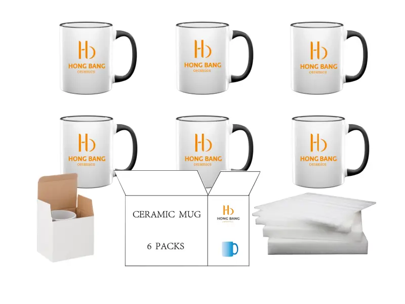 6 packs black rim handle 11oz sublimation mug white box