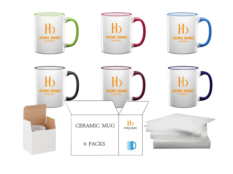 6 packs mixed color rim handle 11oz sublimation mug white box