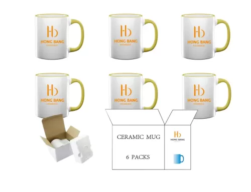 6 packs yellow rim handle 11oz sublimation mug foam box