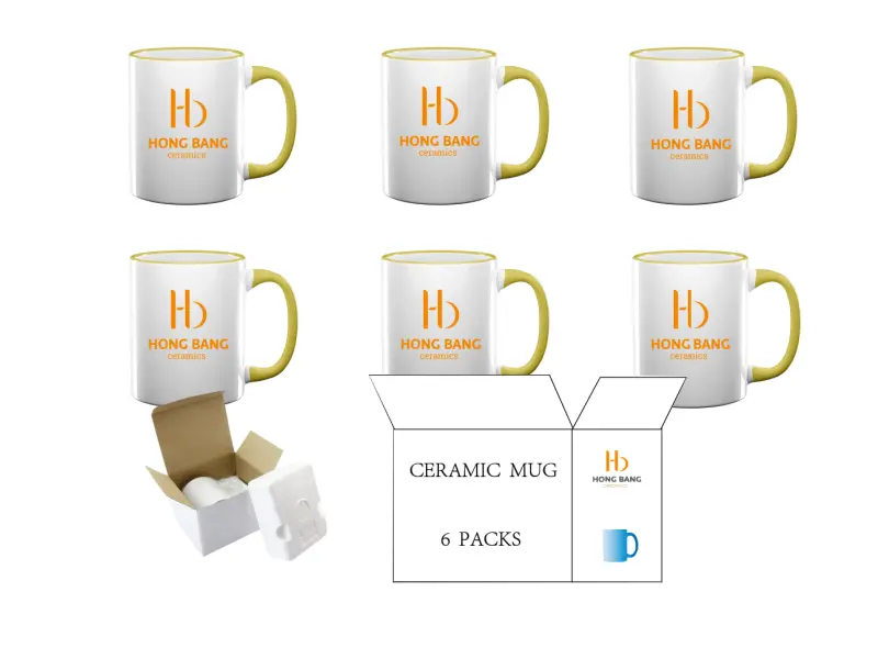 6 packs yellow rim handle 11oz sublimation mug foam box